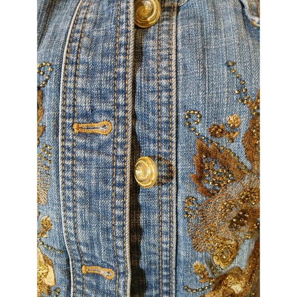 CE Embroidered Sequin Denim Jacket Gold Medium Wash Glam Coachella   Womans - Picture 2 of 12